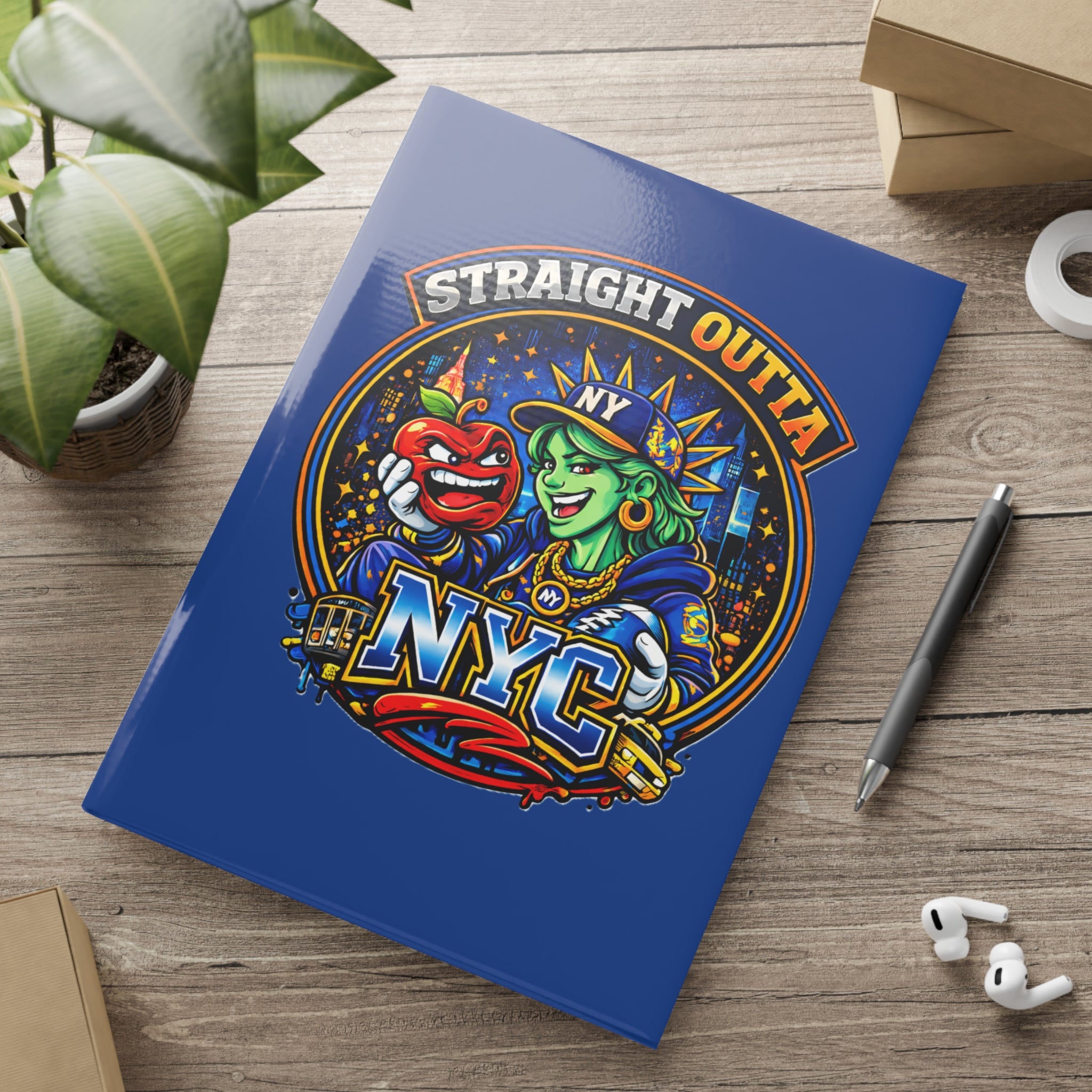 Hardcover notebook with New York City Statue of Liberty graphic, featuring a puffy design and "Straight Outta NYC" text, by TimeWarp Drip.