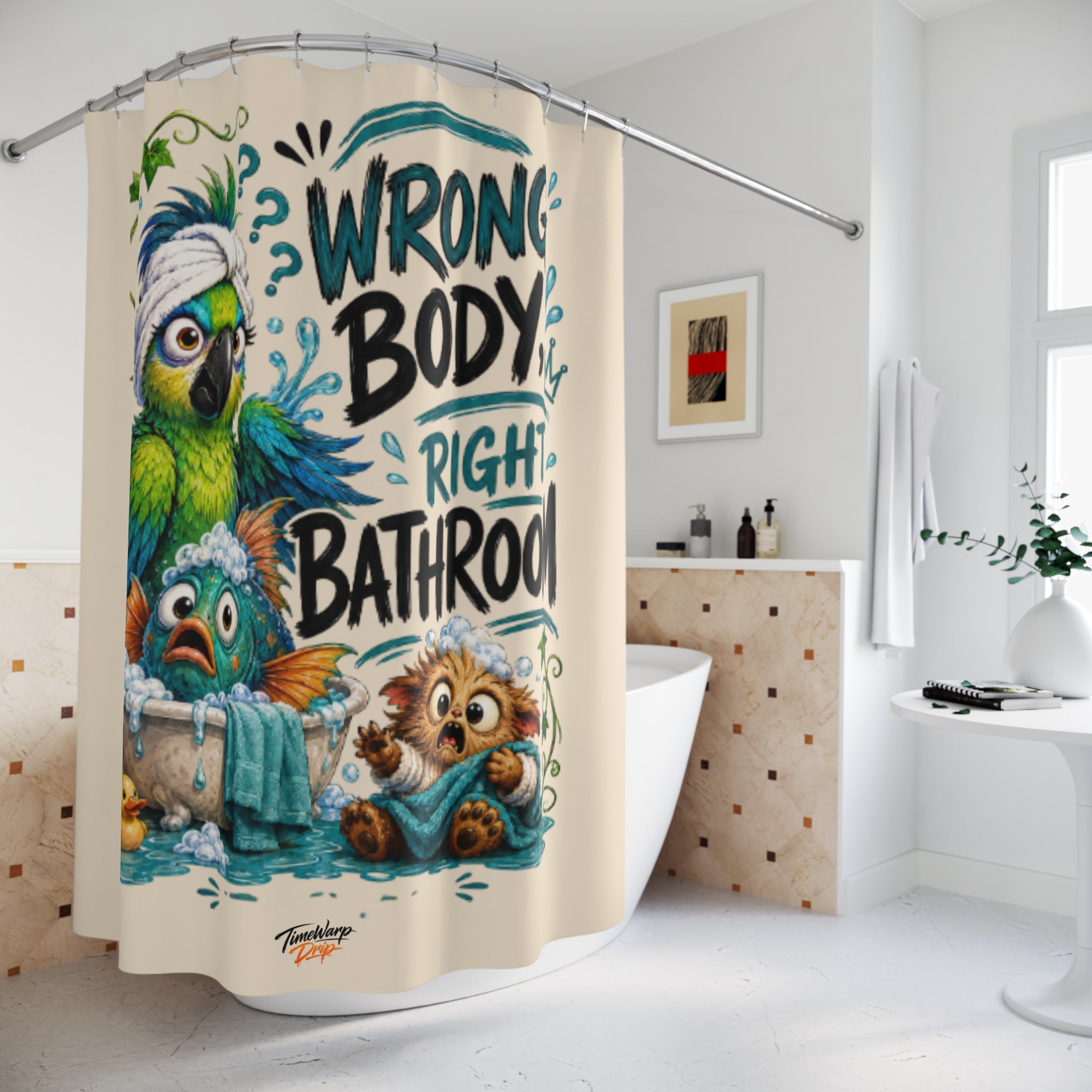 TimeWarp Drip Level up your bathroom with a bold, white Wrong Body, Right Bathroom™ shower curtain—dripping fantasy streetwear creature vibes. 