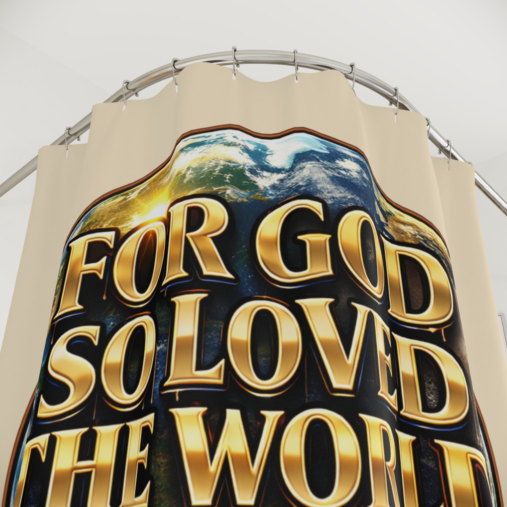 TimeWarp Drip Turn heads with this cream John 3:16 shower curtain—faith-fueled streetwear vibes for your bathroom, bold scripture style. streetwear apparel