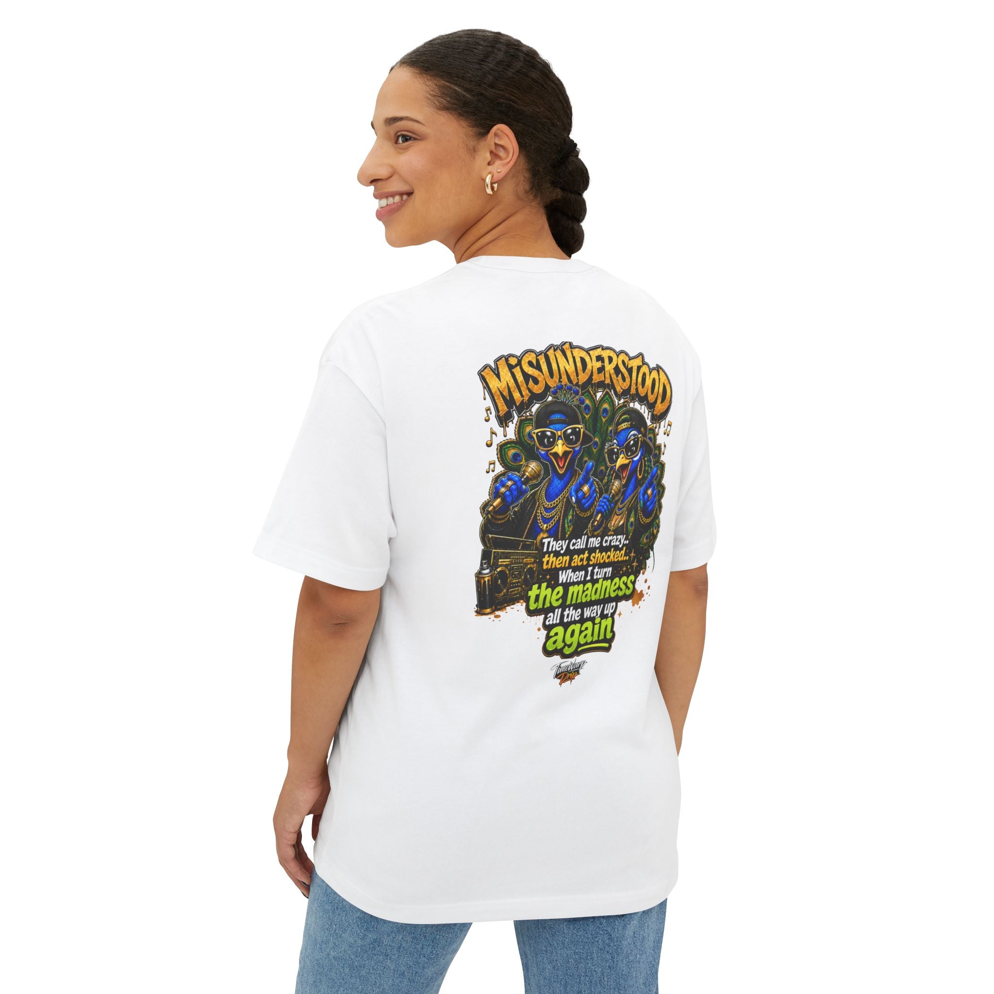 TimeWarp Drip – Oversized black tee, "They Call Me Crazy I Call It Genius" slogan, dual peacock graffiti art, bold urban Premium Urban Fashionenergy. | premium streetwear