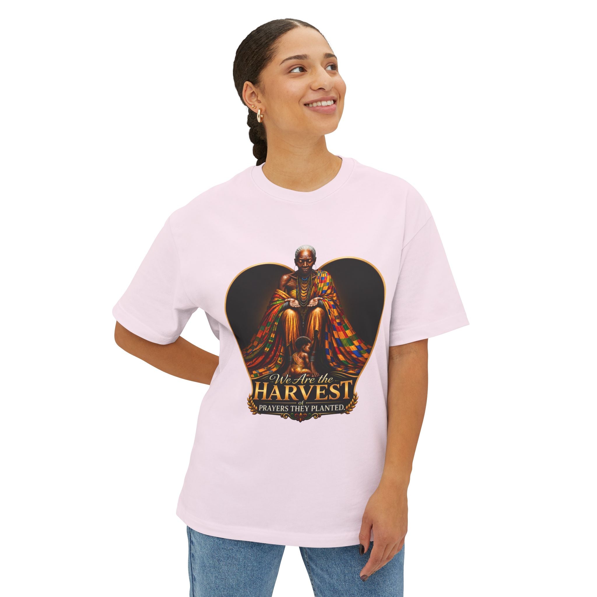 TimeWarp Drip – Light pink oversized boxy tee, bold We Are the Harvest graphic, Generational Blessing & Guidance vibe, city street energy. | premium streetwear