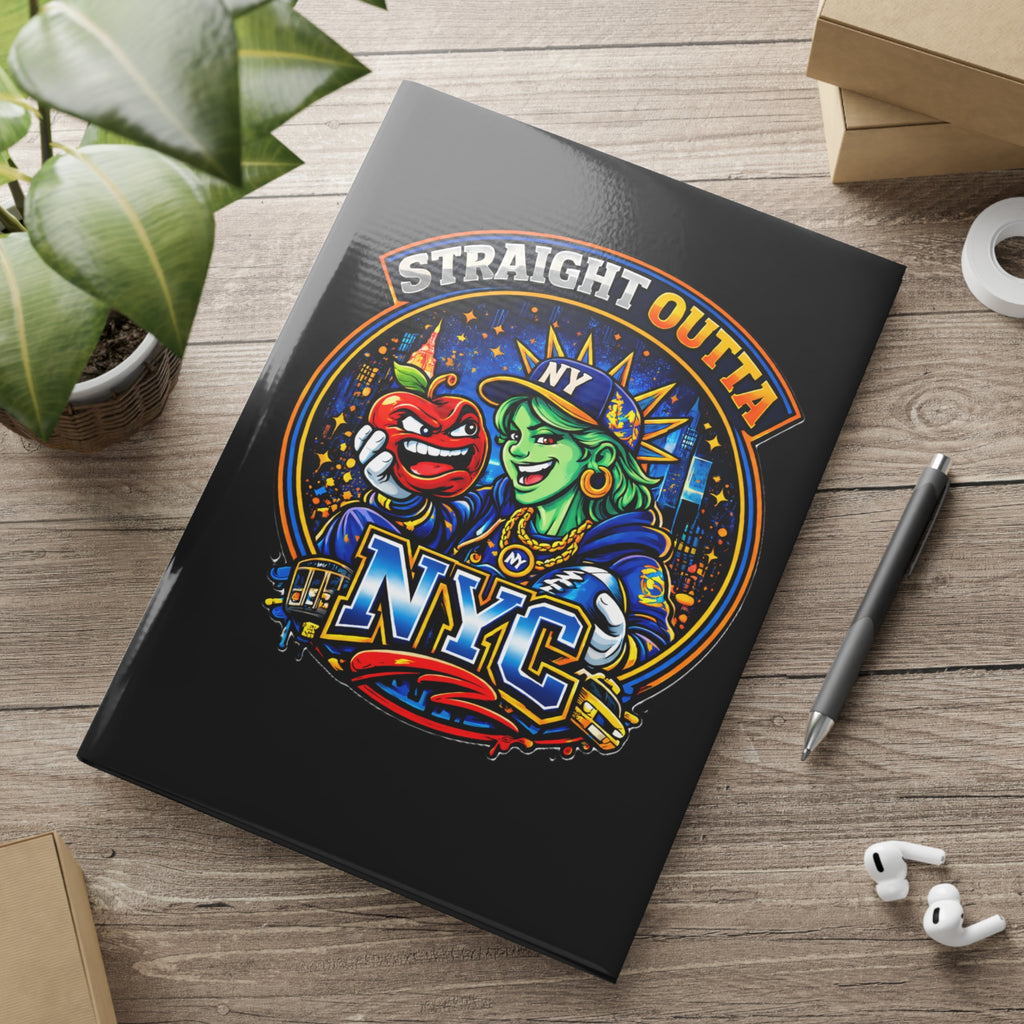 Black hardcover notebook featuring a New York City Statue of Liberty graphic and "Straight Outta NYC" text, ideal for journaling.
