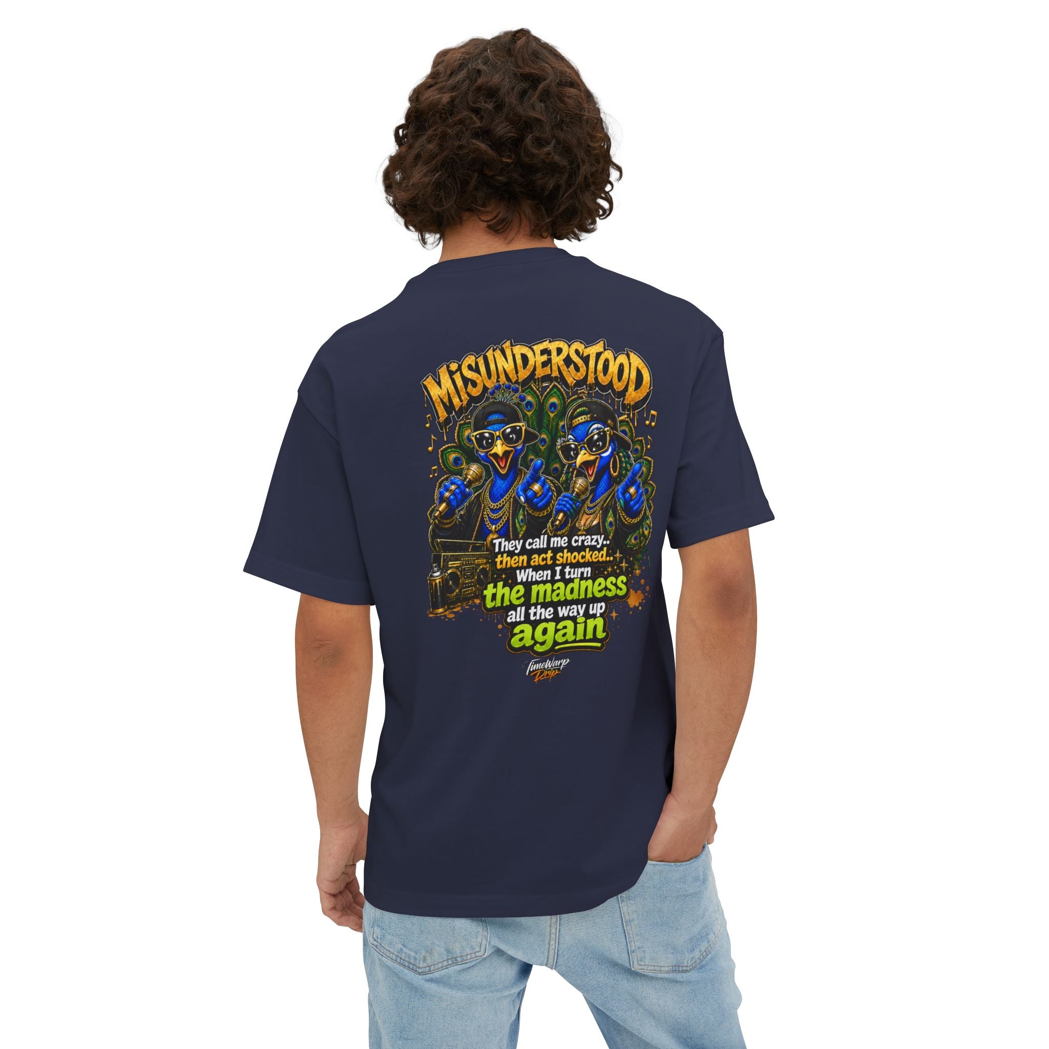 TimeWarp Drip – Oversized black tee with bold “They Call Me Crazy I Call It Genius” print and dual peacock graffiti street art flair. | premium streetwear