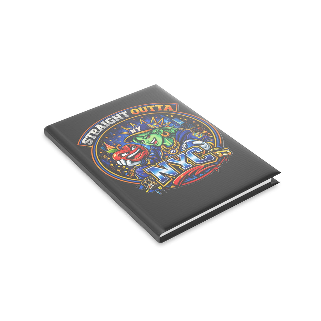 Black hardcover notebook with "Straight Outta NYC" and Statue of Liberty graphic, featuring paper product and journal details.