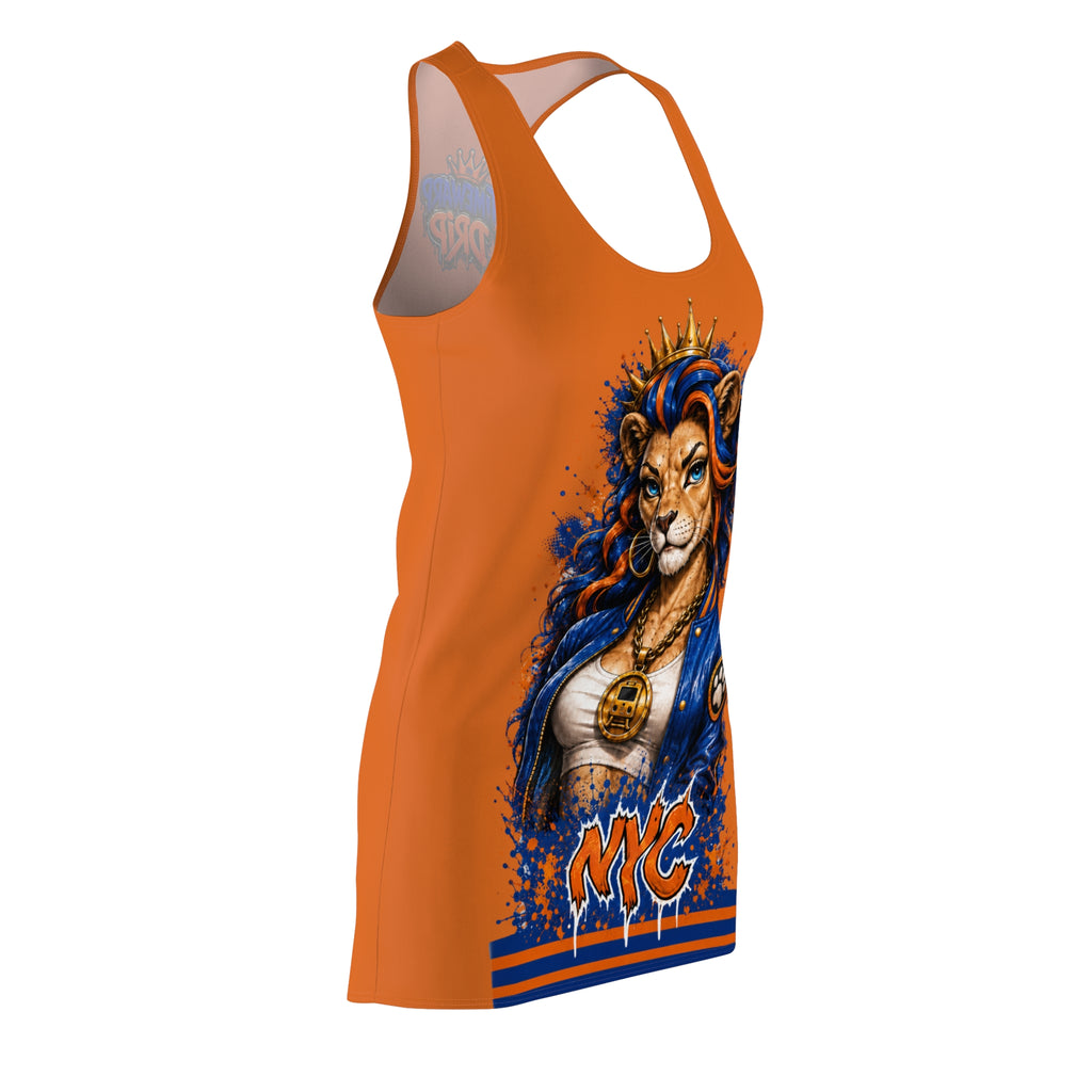 NYC Lioness Racerback Dress (Orange) — 'The Queen Drip' Streetwear Graphic