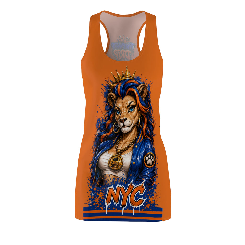 NYC Lioness Racerback Dress (Orange) — 'The Queen Drip' Streetwear Graphic