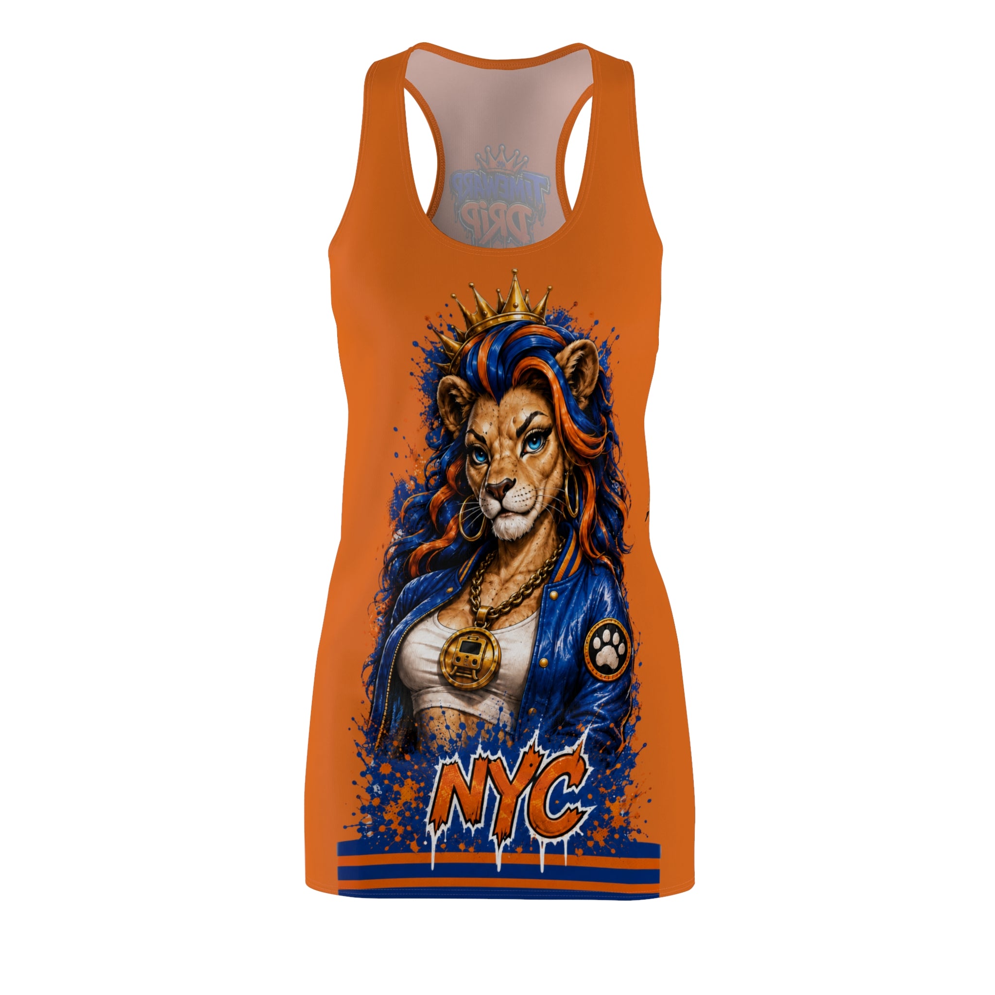 NYC Lioness Racerback Dress (Orange) — 'The Queen Drip' Streetwear Graphic