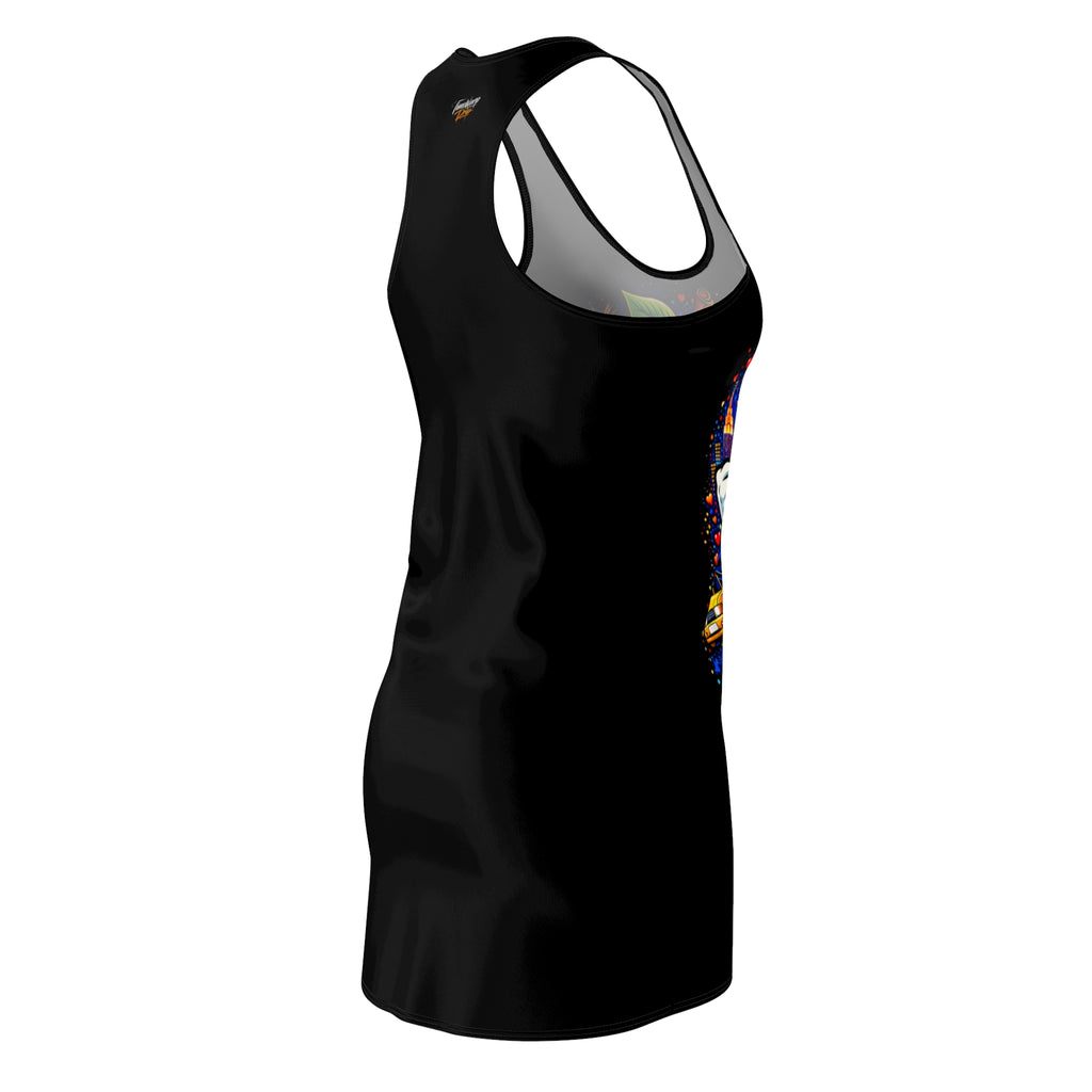 Black racerback dress with "Big Apple Attitude" all-over print featuring NYC skyline, by TimeWarp Drip.
