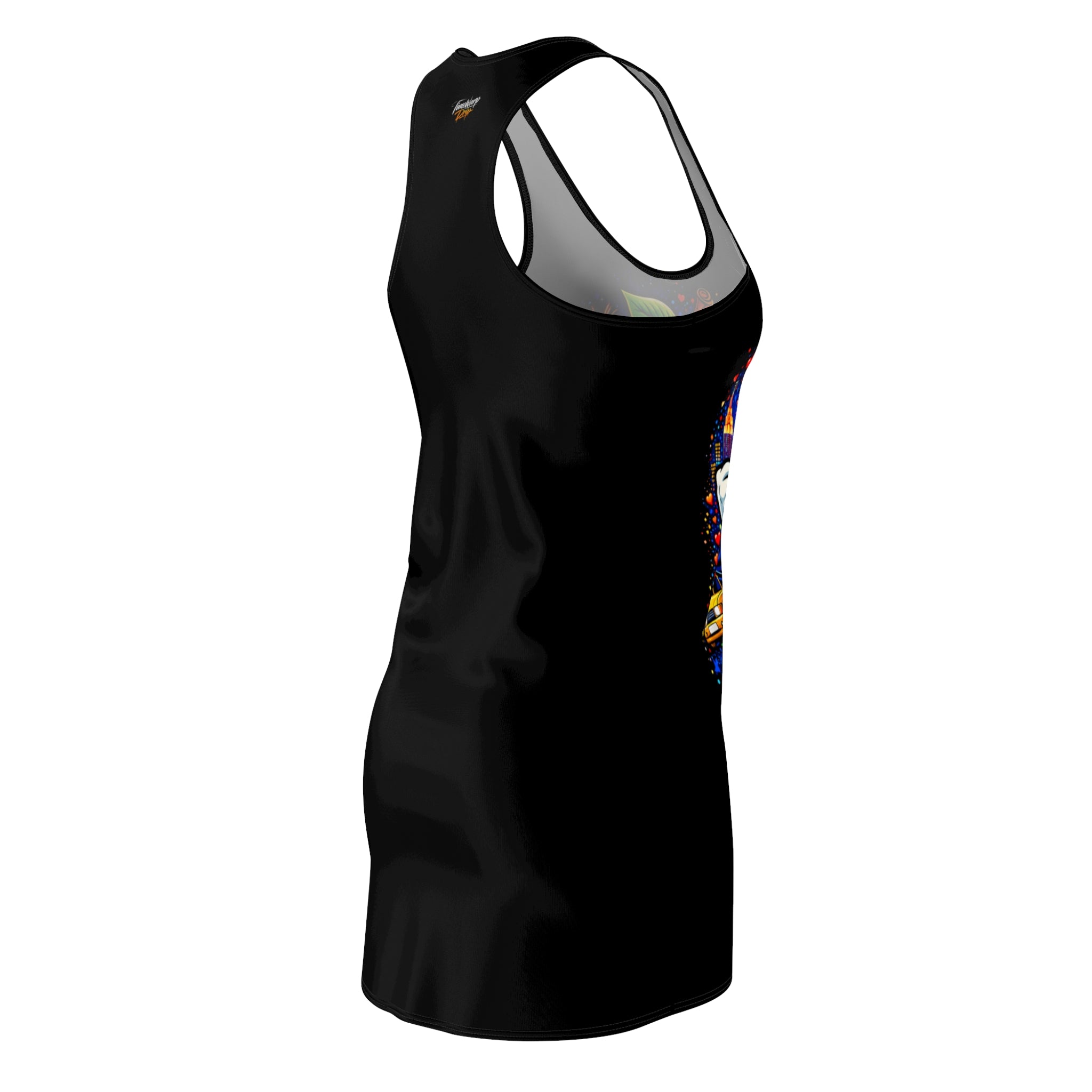 Black racerback dress with "Big Apple Attitude" all-over print featuring NYC skyline, by TimeWarp Drip.