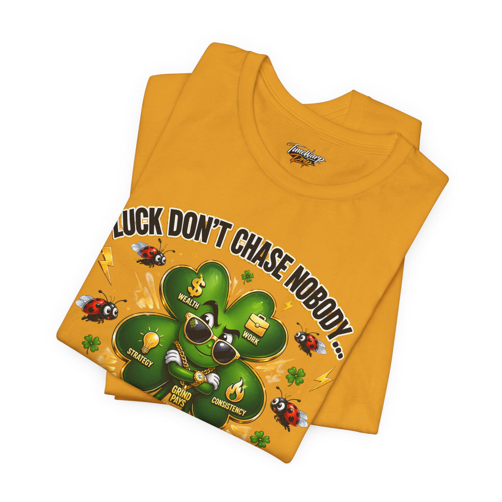 TimeWarp Drip Lucky Clover "Pulls Up Lives" yellow tee—street drip with bold clover and sunglasses. Sizes S-XL. TimeWarp Drip exclusive style. streetwear apparel