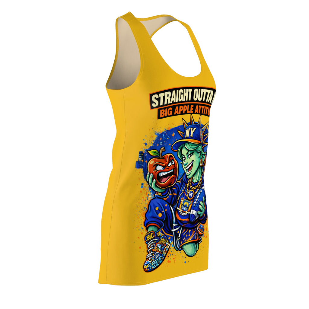 Yellow racerback dress with NYC "Big Apple Attitude" all-over print, featuring bold graphics and a casual summer style.