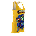 Yellow racerback dress with NYC "Big Apple Attitude" all-over print, featuring bold graphics and a casual summer style.