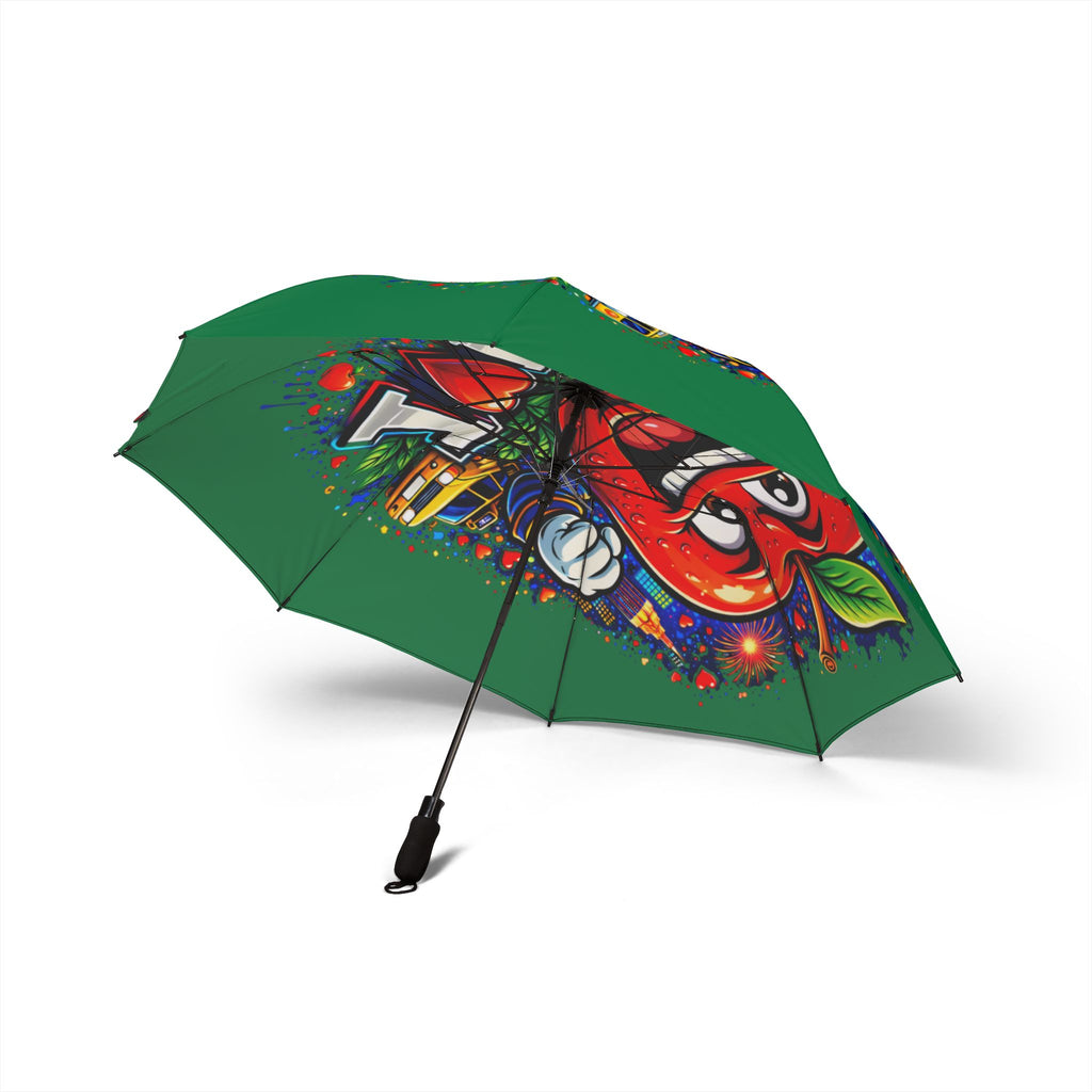 Green I Love NYC foldable semi-automatic rain umbrella with colorful cityscape design, durable accessories by Printify.