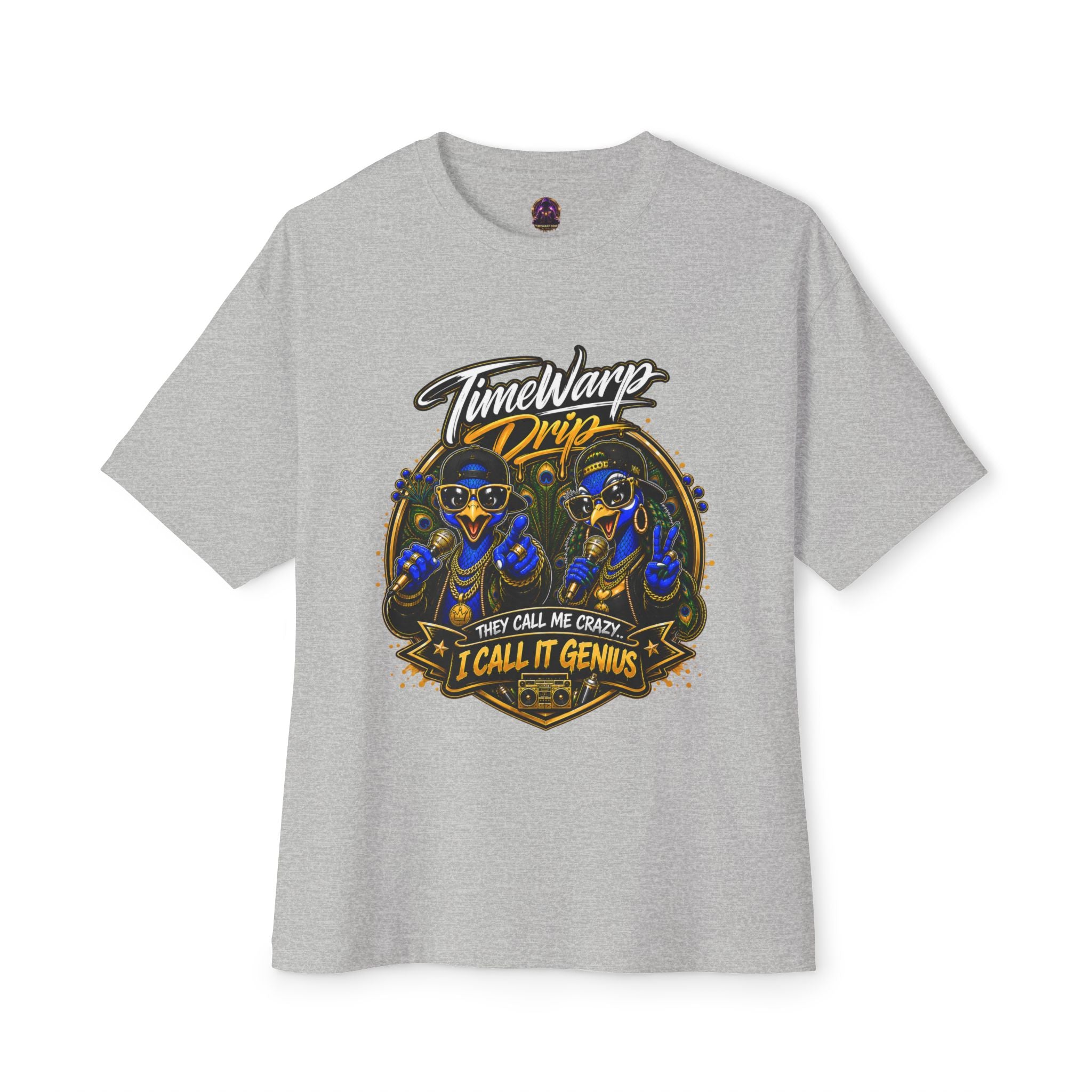 TimeWarp Drip – Oversized boxy tee in black with dual peacock hip-hop street art graphic, bold “They Call Me Crazy I Call It Genius” text. | premium streetwear