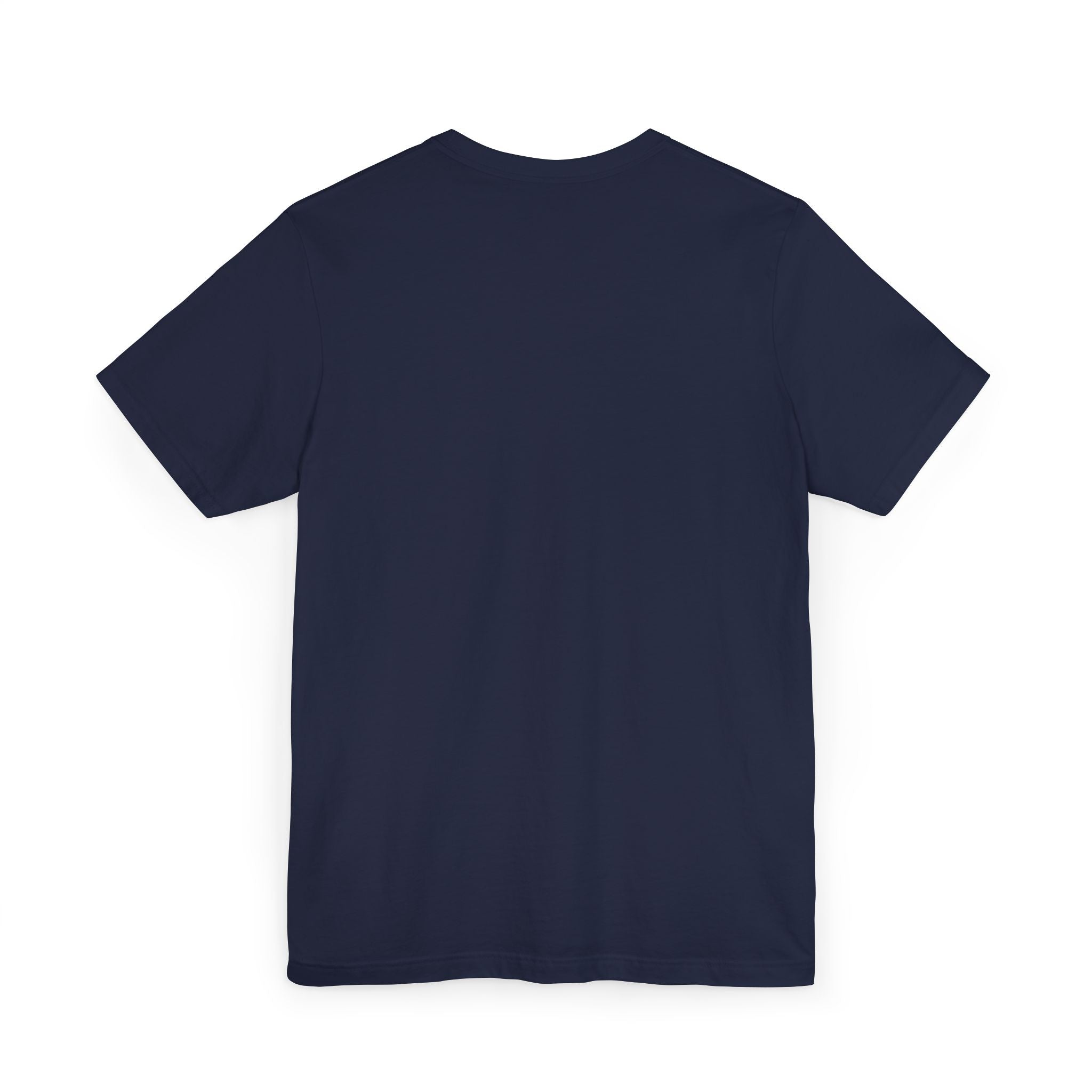 Plain navy blue short-sleeve t-shirt shown from the back, laid flat on a white background with no visible logos or designs—a basic perfect for layering under your Anti Social She-Wolf T-Shirt — Funny Introvert Graphic Tee.