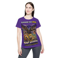 TimeWarp Drip confident woman rocking a bold purple Turf Warrior jersey, striking a stylish side gaze—ultimate streetwear vibes.