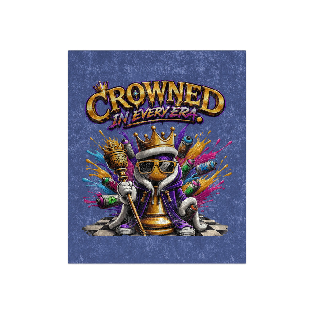 TimeWarp Drip Blue crushed velvet blanket drips with a cartoon chess king in shades; "Crowned in Every Era" text. Streetwear royalty vibes. streetwear apparel