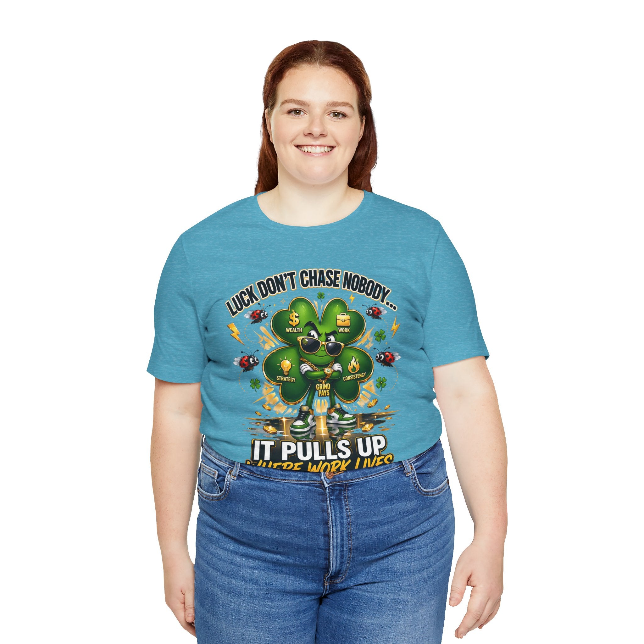 TimeWarp Drip Confident woman rocking a white Printify streetwear tee, "Luck Don't Chase Nobody" plus bold green clover—fresh vibe, standout style. streetwear apparel