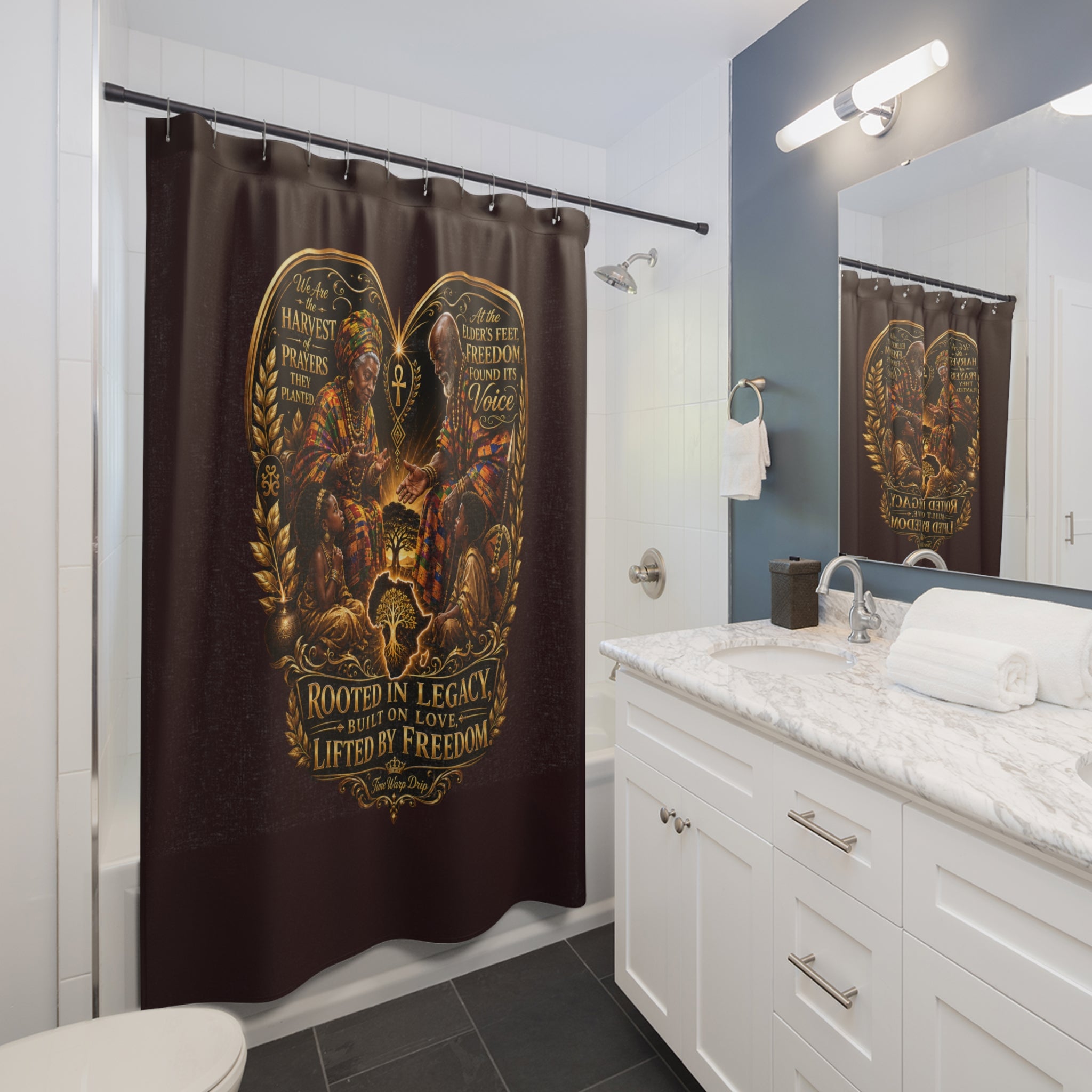 TimeWarp Drip – Burgundy Heritage Heart shower curtain adds urban edge to white-cabinet bathroom; streetwise design, premium city vibes. | premium streetwear