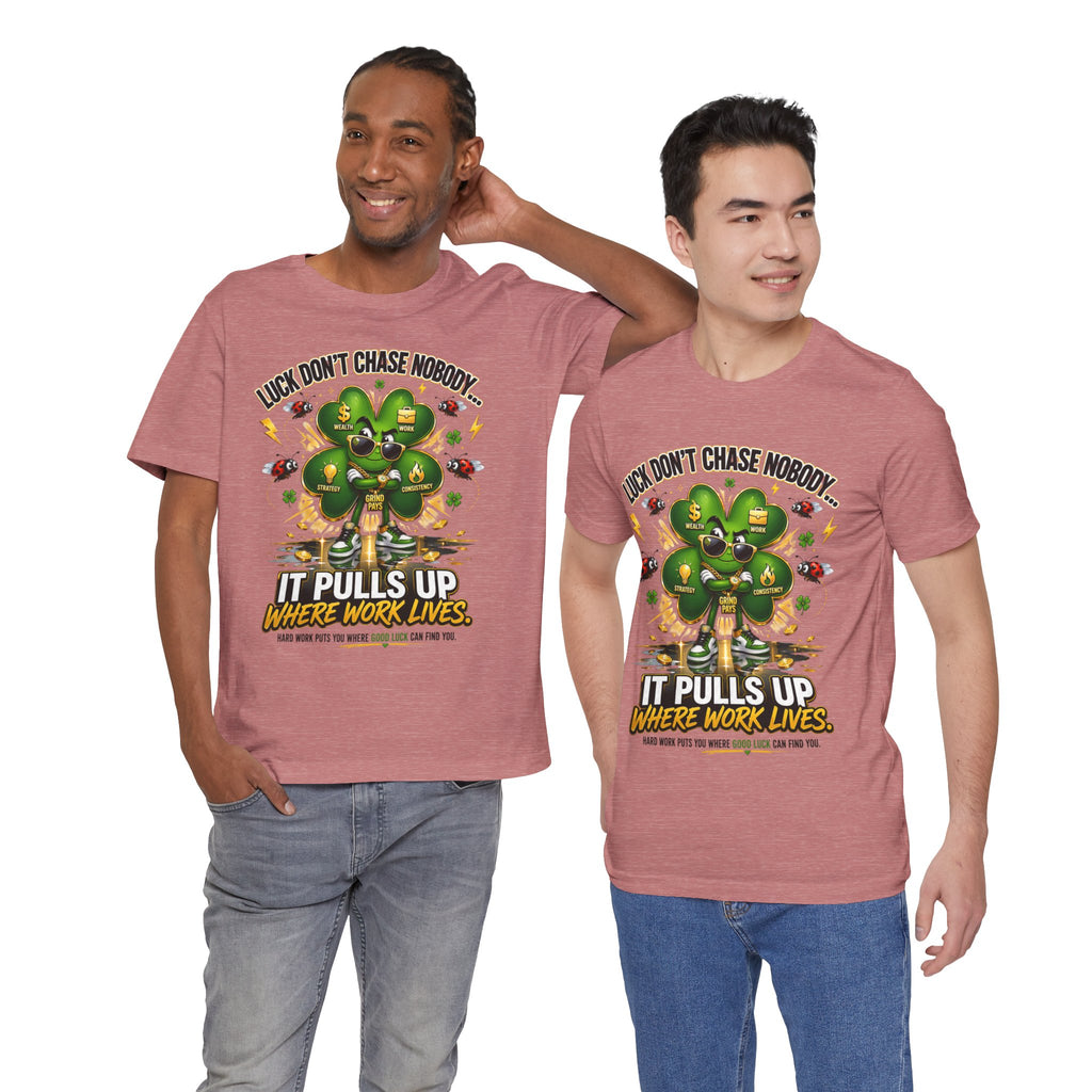 TimeWarp Drip Two men rock bold black Printify streetwear tees with neon-green 4-leaf clover and “Luck Don’t Chase Nobody” graphic. streetwear apparel