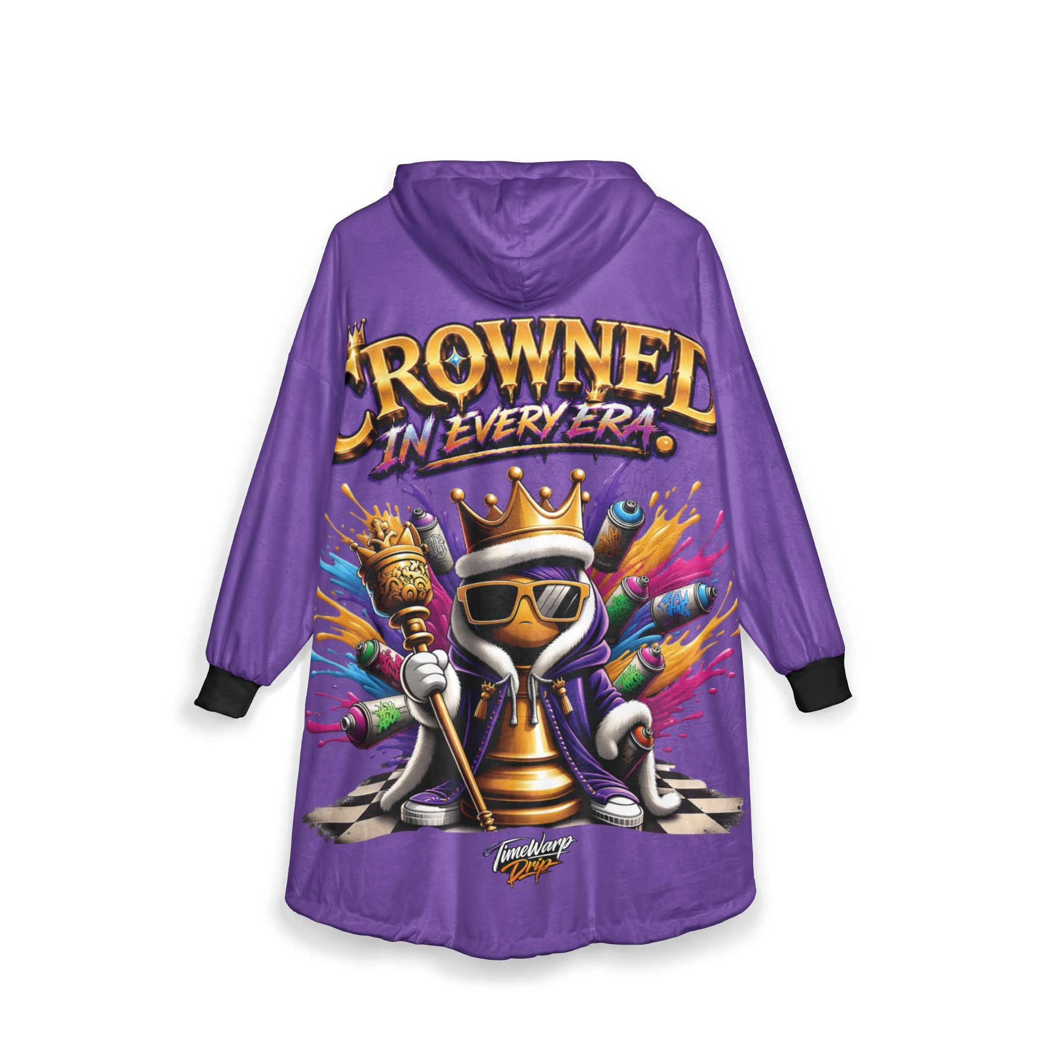 TimeWarp Drip Drip hard in the "Crowned in Every Era" purple hooded blanket—street chess king vibes and bold spray paint flair. One size. streetwear apparel