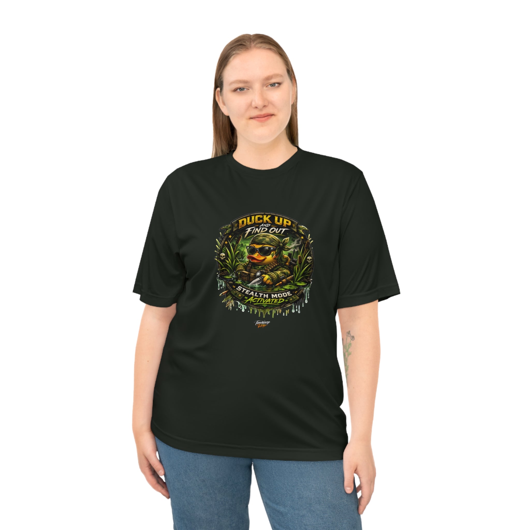 TimeWarp Drip Bold woman rocking a black Duck Up Find Out hunting tee by TimeWarp Drip , street-ready style in XS-2XL, fierce and front-facing. Premium Urban Fashionapparel