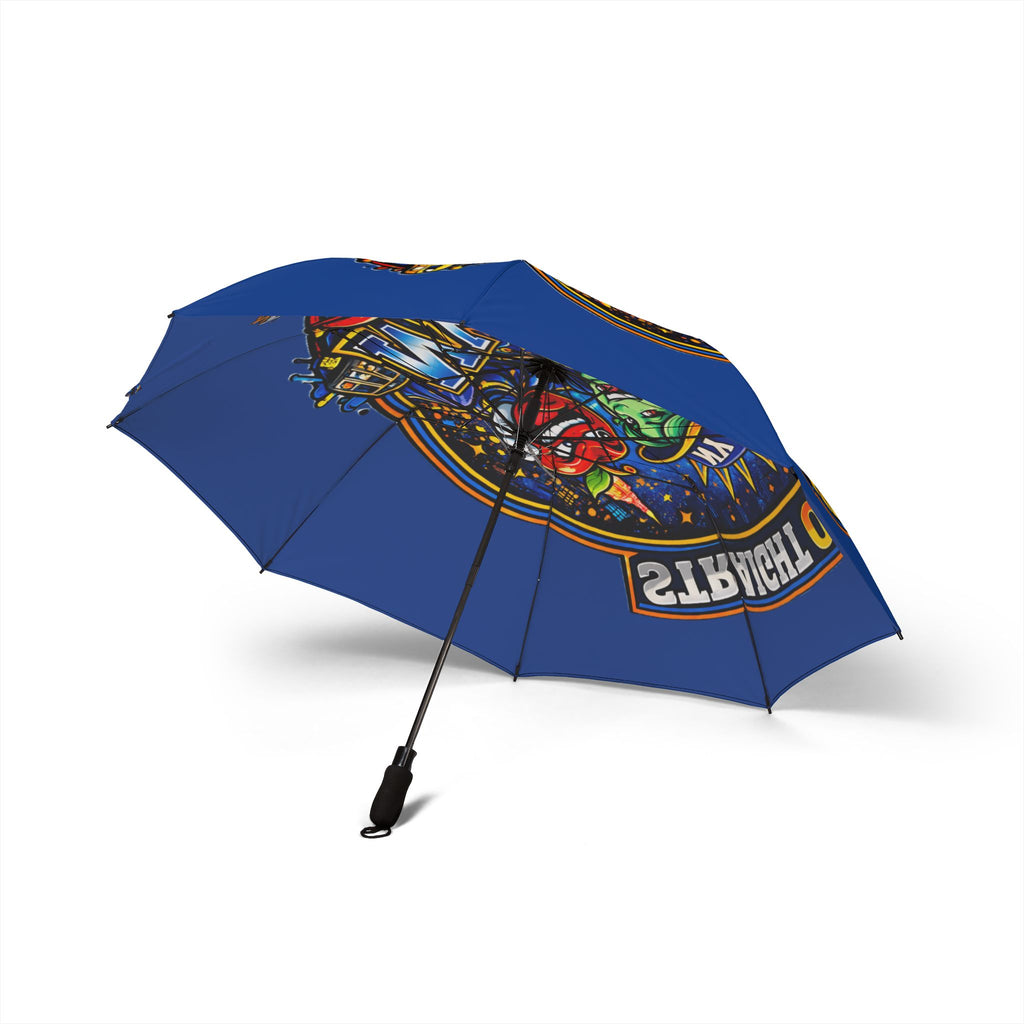 Blue NYC Night Out foldable umbrella with colorful design, semi-automatic rain umbrella by TimeWarp Drip, compact and stylish accessories.