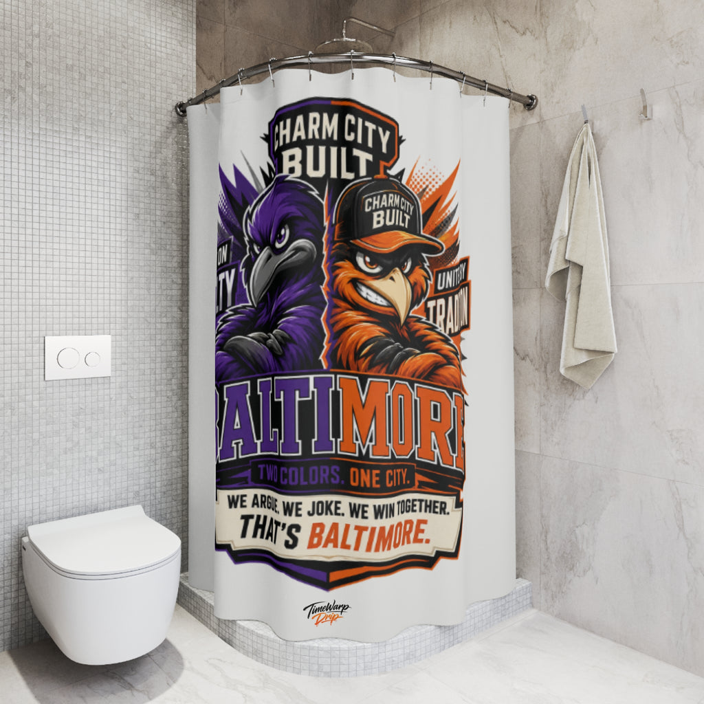 TimeWarp Drip Two-Tone Shower Curtain—Bold Baltimore street style, cartoon raven & oriole flex, city pride, unity vibes, drip built!.