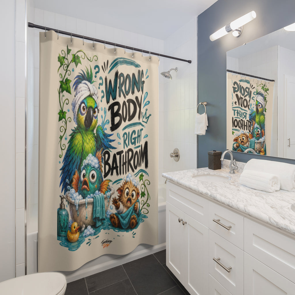 TimeWarp Drip Wrong Body, Right Bathroom™ shower curtain—vivid white streetwear-style, dripping with bold fantasy creatures for next-level bathroom flair.