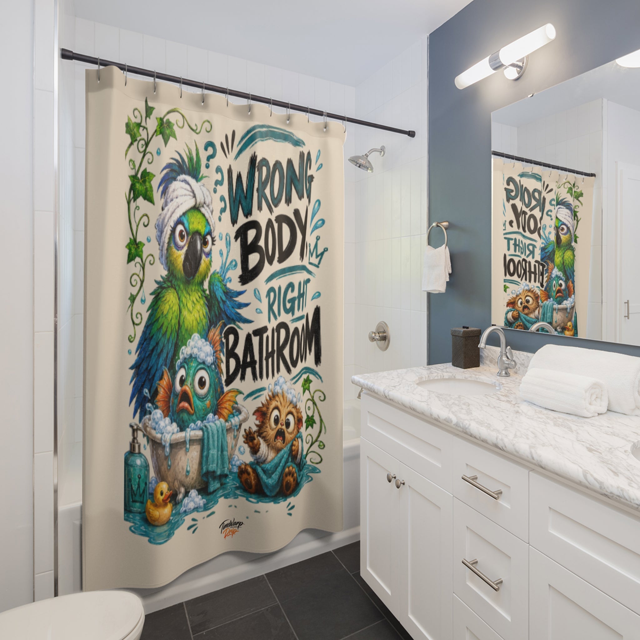 TimeWarp Drip Wrong Body, Right Bathroom™ shower curtain—vivid white streetwear-style, dripping with bold fantasy creatures for next-level bathroom flair.