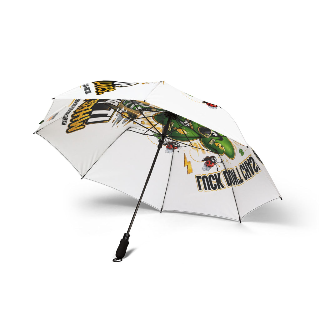 TimeWarp Drip Printify Lucky Clover foldable umbrella—white, bold statement graphic, wide drip canopy, one size. Street-style standout. streetwear apparel