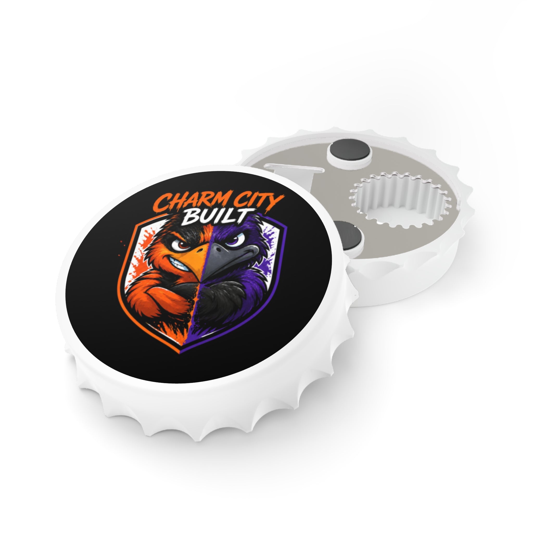 TimeWarp Drip Charm City Built Two-Tone Bottle Openers, white set of 2—dual bird logos pop with bold streetwise drip. 