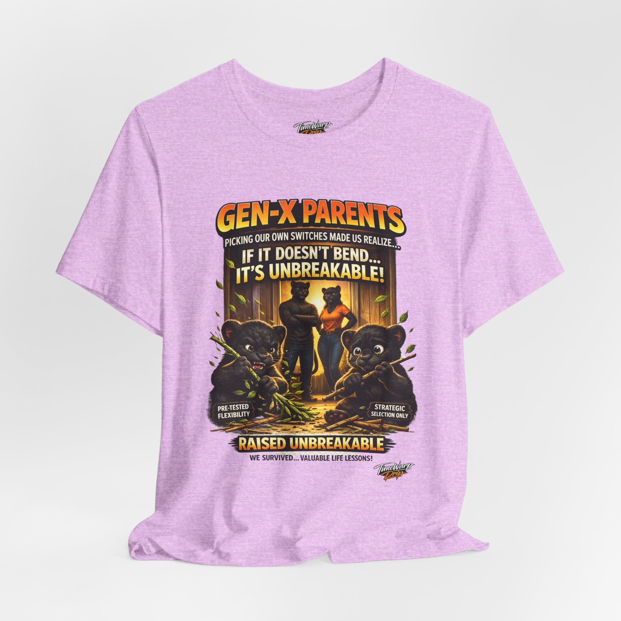 TimeWarp Drip Black Printify Unbreakable Gen X T-Shirt: Bold streetwear, retro bear family graphic, “Picked Our Own Switches” drip. streetwear apparel