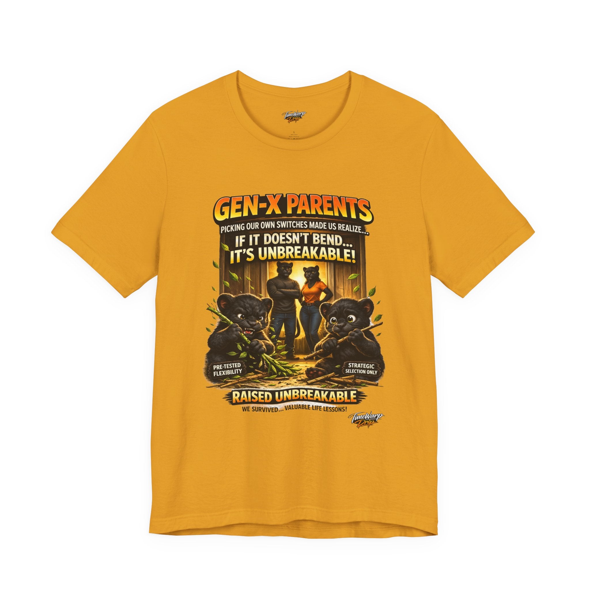 TimeWarp Drip Printify Raised Unbreakable T-Shirt—Black, bold streetwear style for Gen X legends who picked their own switches. Iconic & tough. streetwear apparel