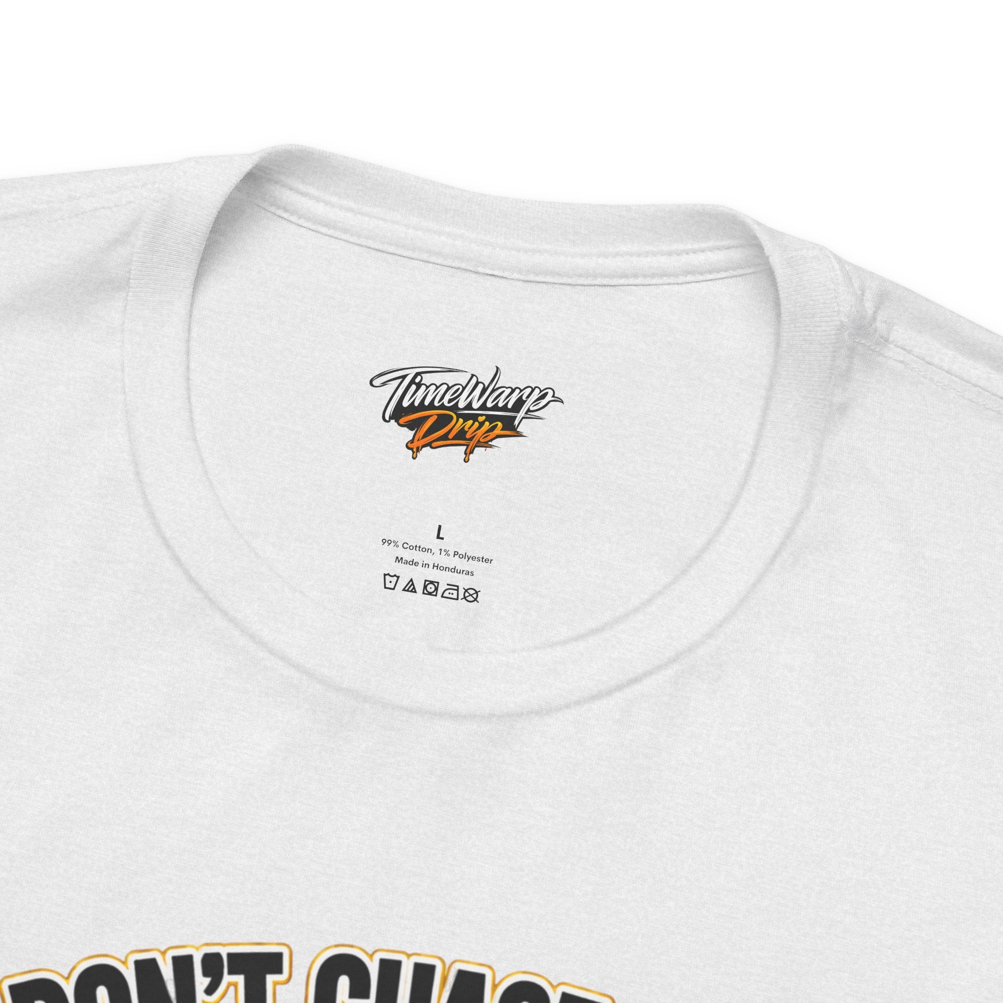 TimeWarp Drip White cotton streetwear tee by Printify rocking bold Luck Don’t Chase Nobody clover drip and label, pure TimeWarp energy. streetwear apparel
