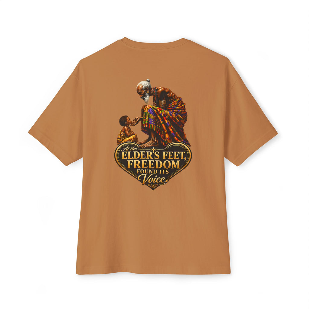 TimeWarp Drip – Black Premium Urban Fashiontee, bold elder and child art, “At the Elders Feet, Freedom Found Its Voice” statement graphic. | premium streetwear