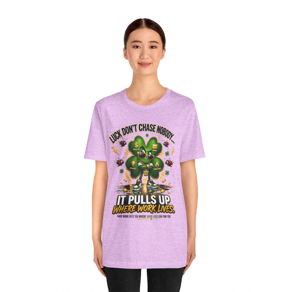 TimeWarp Drip Chill queen rocking a light purple Printify 4-Leaf Clover tee—Airlume cotton, dripped in streetwise “Luck Don’t Chase Nobody” vibes. streetwear apparel