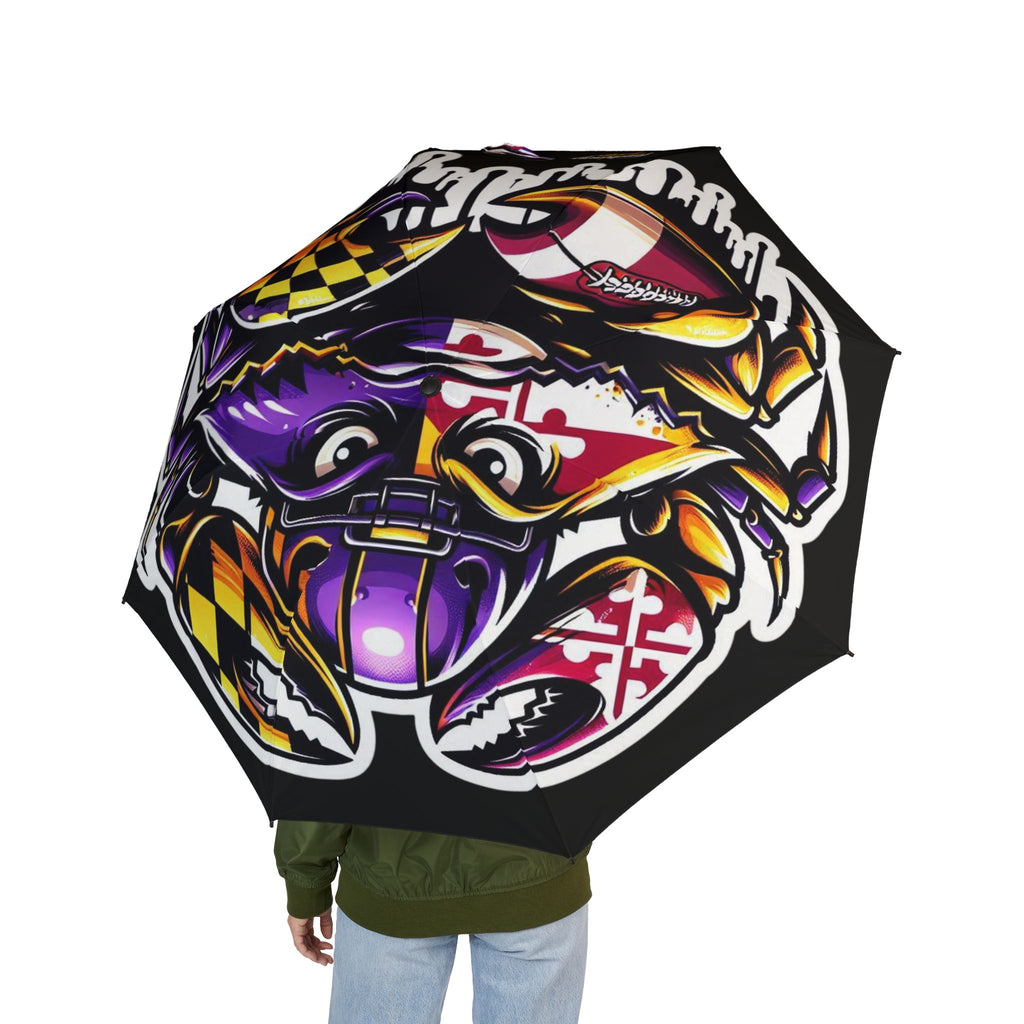 TimeWarp Drip Rock that Foldable Umbrella—black street style with a fierce Baltimore Maryland crab graphic. City drip, rain or shine!. 