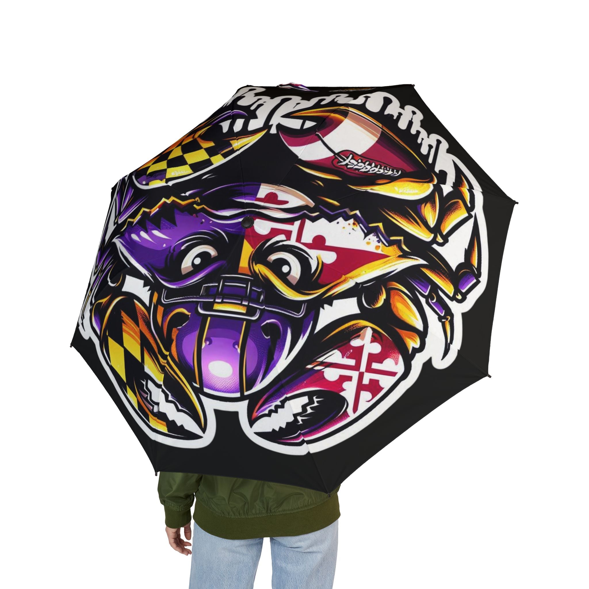 TimeWarp Drip Rock that Foldable Umbrella—black street style with a fierce Baltimore Maryland crab graphic. City drip, rain or shine!. 