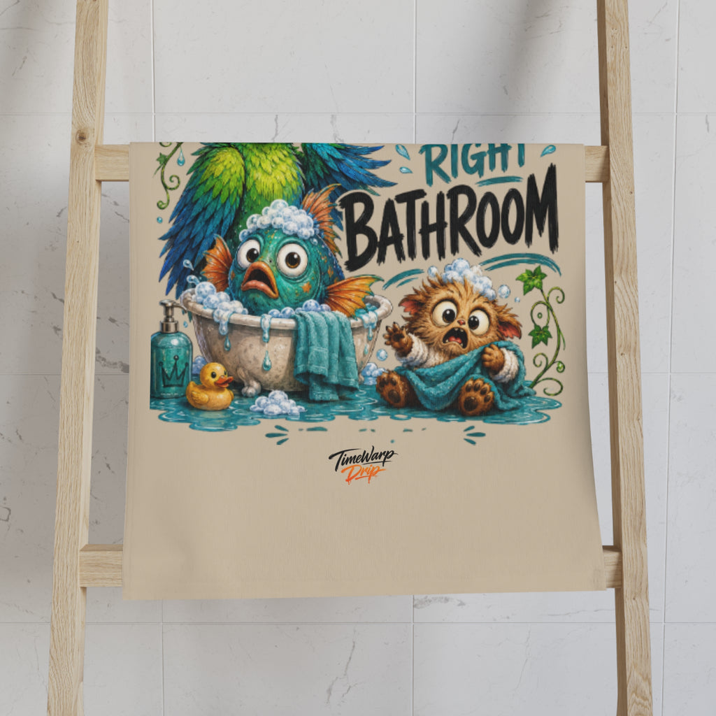TimeWarp Drip “Wrong Body, Right Bathroom” hand towel—vivid white, streetwise creatures, mythic drip for dope bathroom style. 