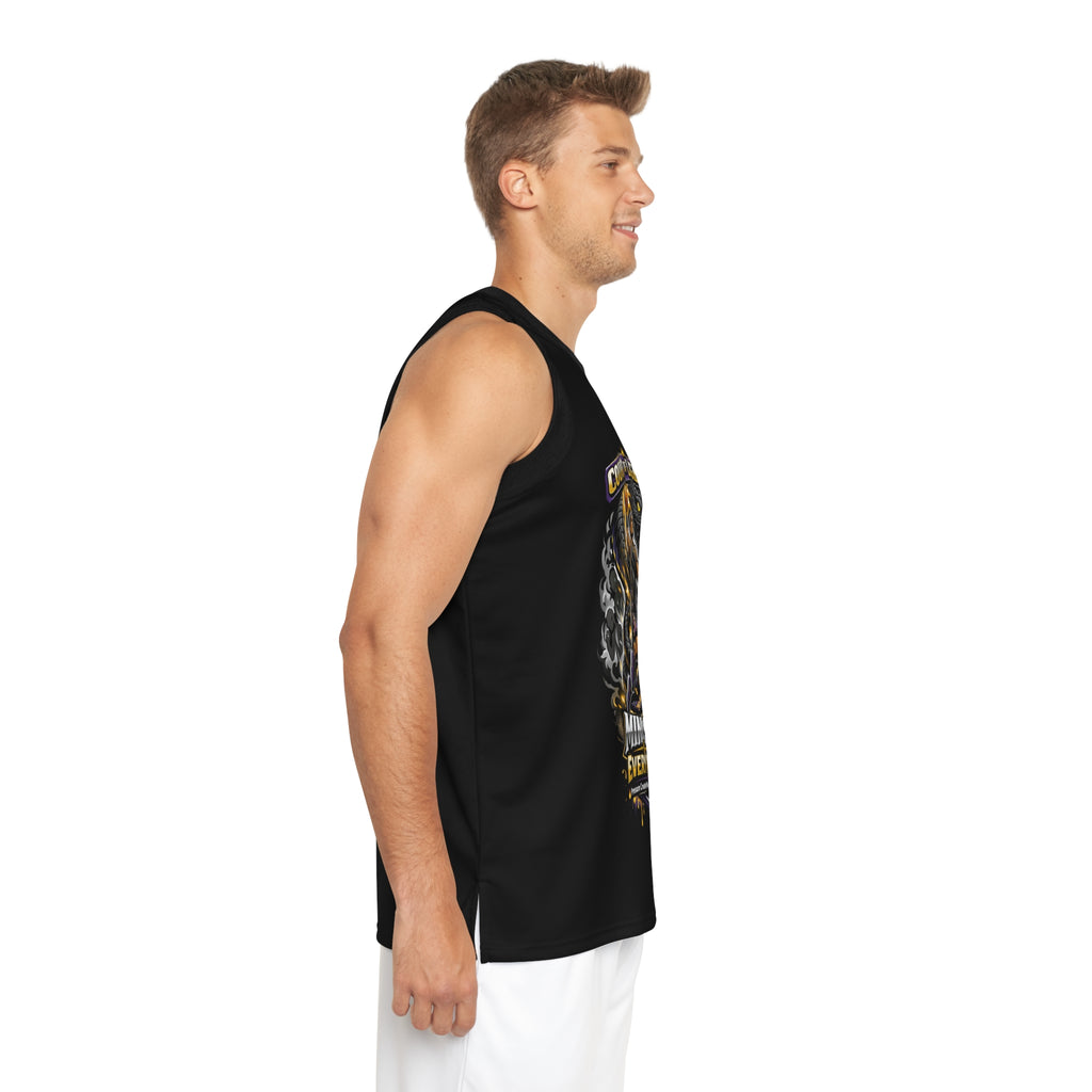 Black Court of Legends basketball jersey with all-over print design by Printify, featuring bold graphics and athletic fit.
