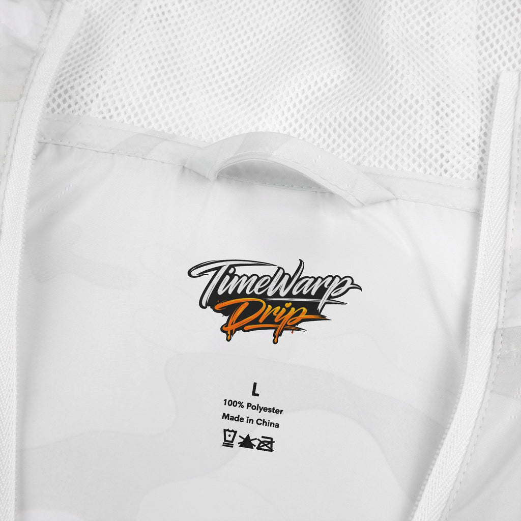 TimeWarp Drip Zoom on inner label: Charm City Two-Tone Split Windbreaker in bold black-white, size L, 100% poly, drip. 