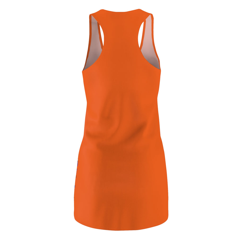 Orange racerback dress with all-over "Straight Outta NYC Big Apple Attitude" print, stylish and vibrant for casual wear.