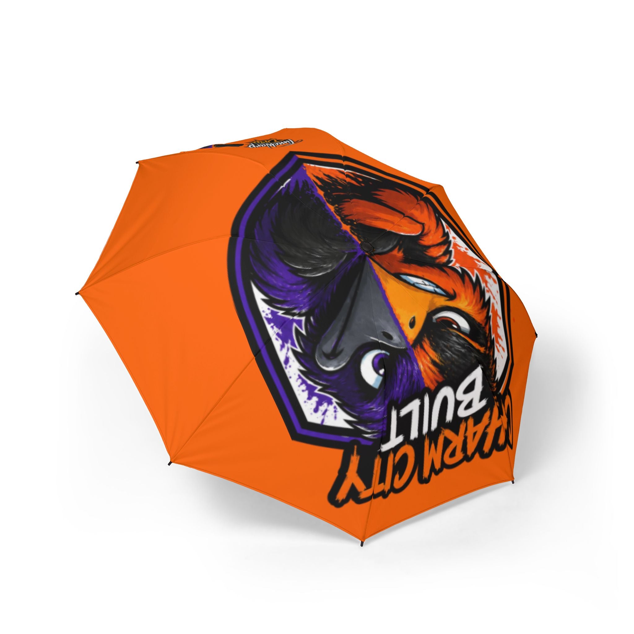TimeWarp Drip Baltimore orange foldable umbrella—wild animal art, punchy white/black text. Streetstyle drip meets "Charm City Built" attitude. 