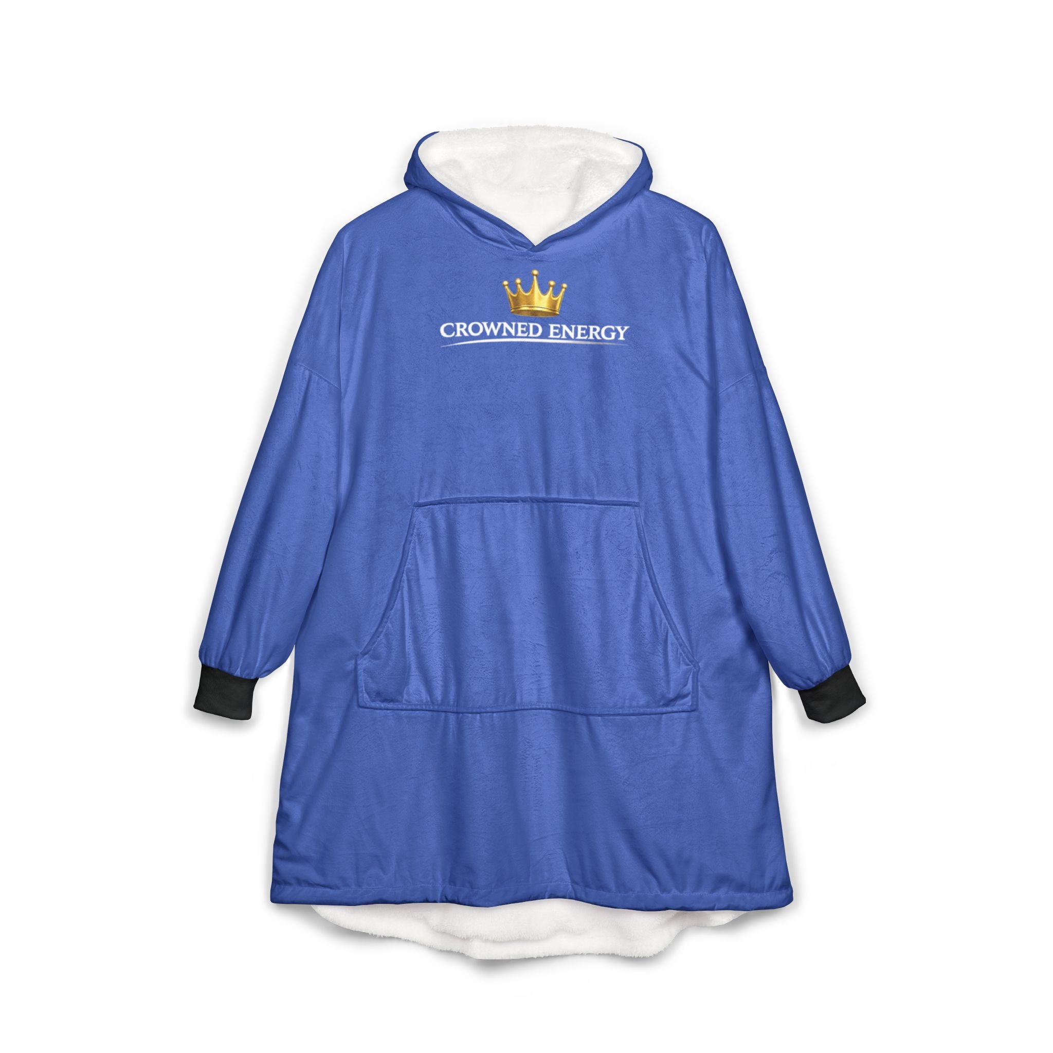 The "Crowned in Every Era" Royal Chess Graphic Hooded Blanket in royal blue features black cuffs, a large front pocket, soft white fleece lining, and a gold crown logo with CROWNED ENERGY on the chest. One size fits most for cozy comfort.