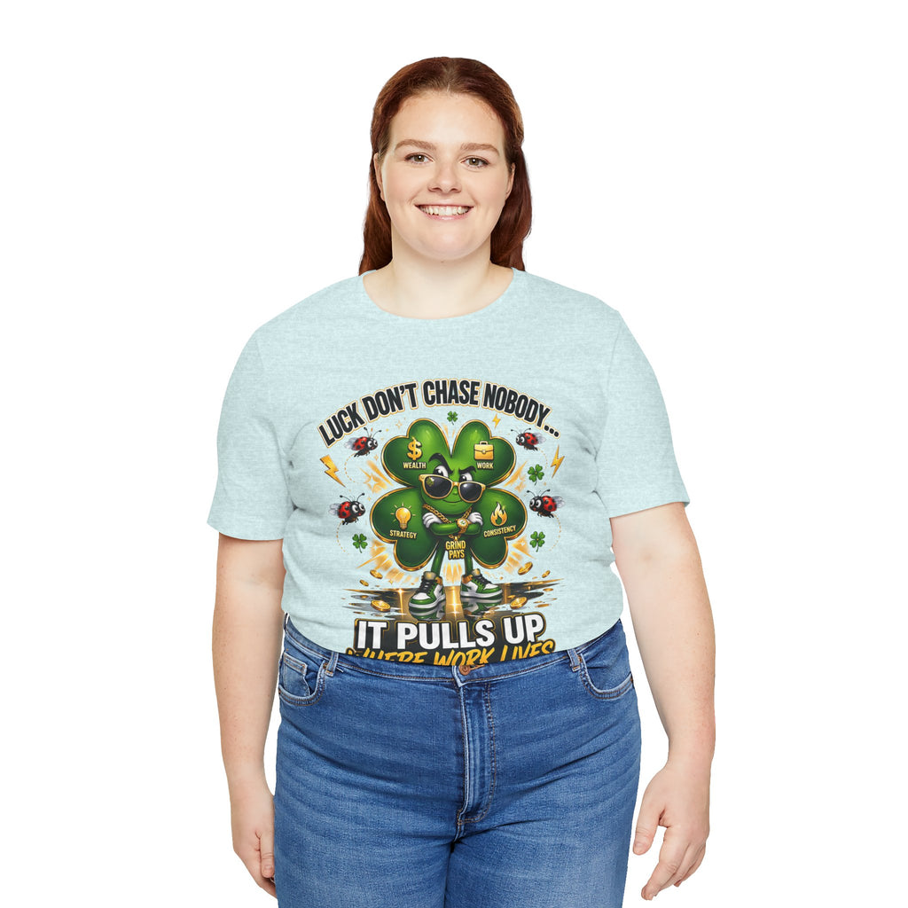 TimeWarp Drip black Lucky Clover "Pulls Up Lives" tee—bold clover graphic, dripped streetwear vibes, sizes S–XL. streetwear apparel