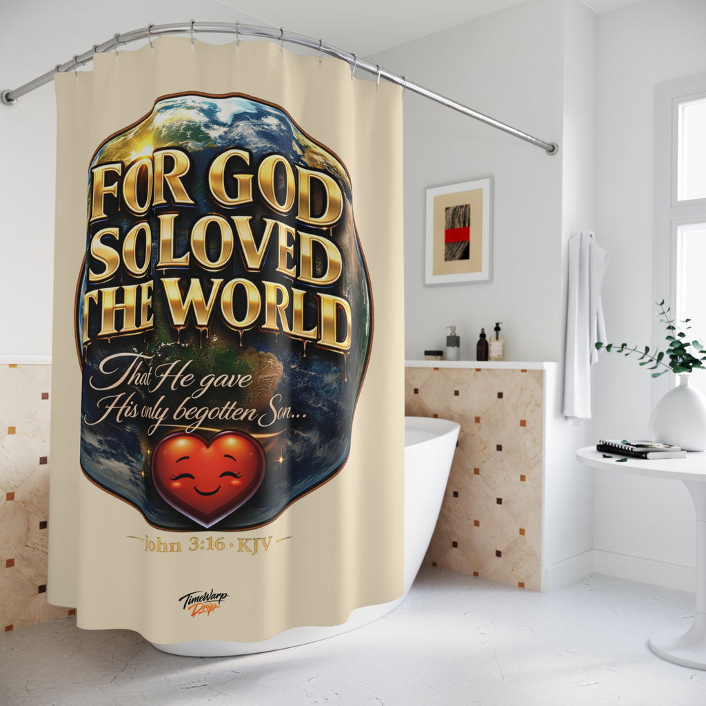 TimeWarp Drip Cream Printify shower curtain—John 3:16 in bold streetwear drip. Fresh Christian style for your bathroom glow-up. streetwear apparel