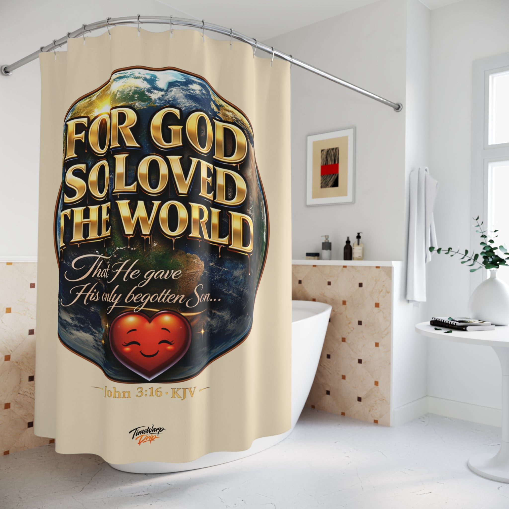 TimeWarp Drip Cream Printify shower curtain—John 3:16 in bold streetwear drip. Fresh Christian style for your bathroom glow-up. streetwear apparel