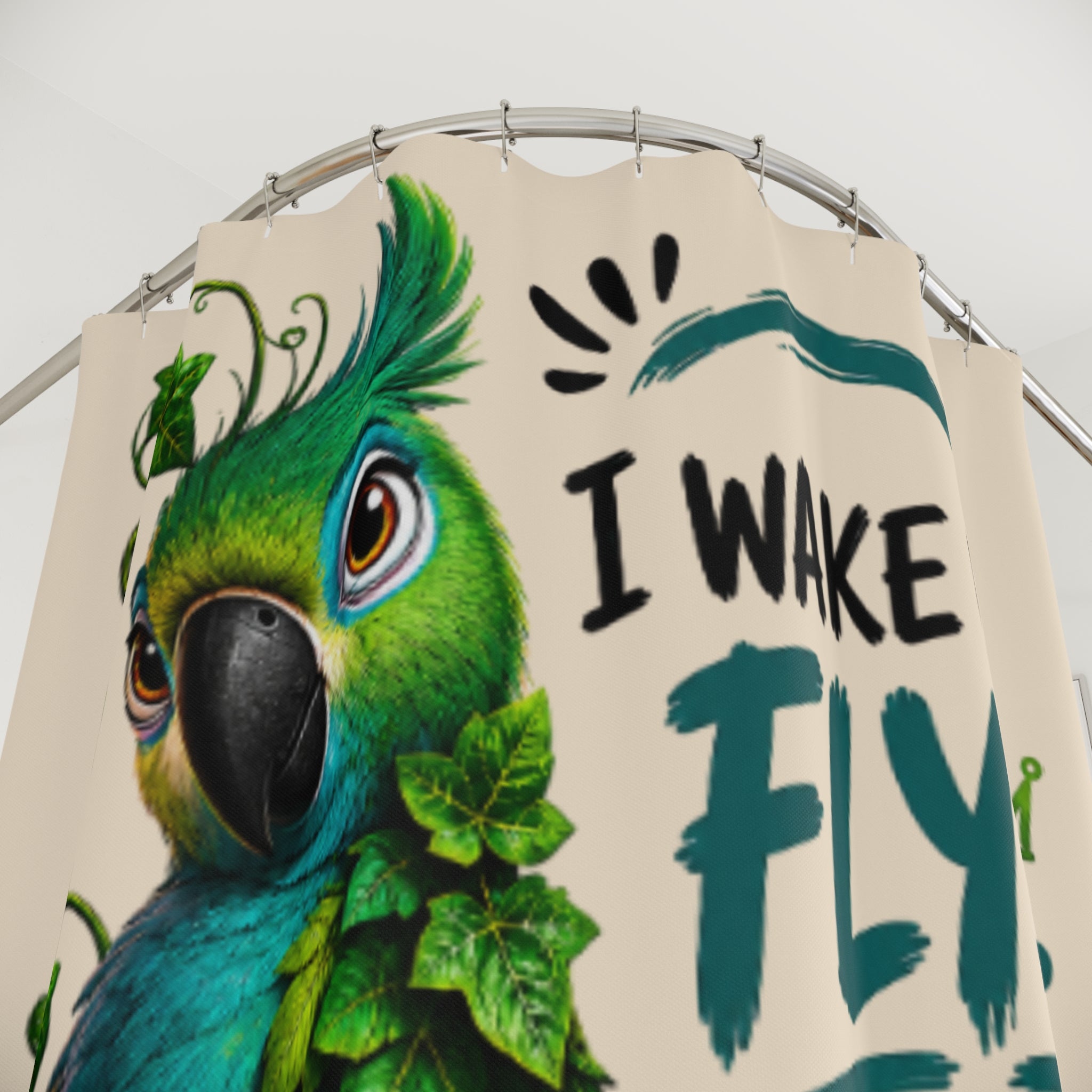 TimeWarp Drip Level up your bathroom with this bold green “I Wake Up Fly and Confused” shower curtain—ivy parrot swag for days!. 