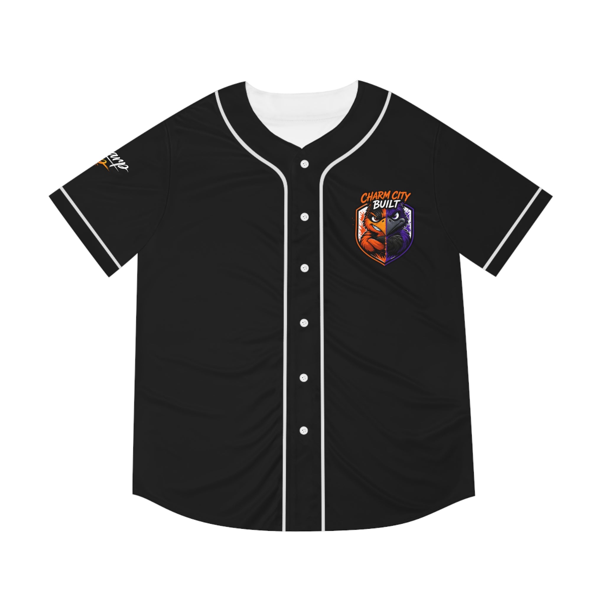 TimeWarp Drip – Black baseball jersey with bold white trim, chest logo, and dynamic baseball silhouette for elevated urban street style energy. | premium streetwear